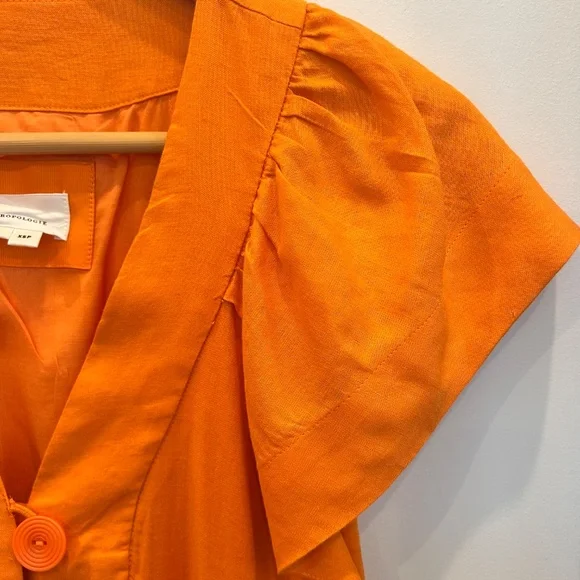 by Anthropologie Renee Dress XS Midi Orange Linen Flutter Sleeve - Picture 7 of 9